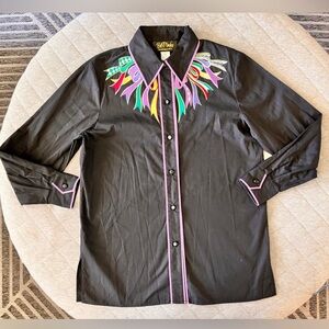 Vintage Retro BOB MACKIE Small Black Multi Colored Embroidery Rockabilly Shirt